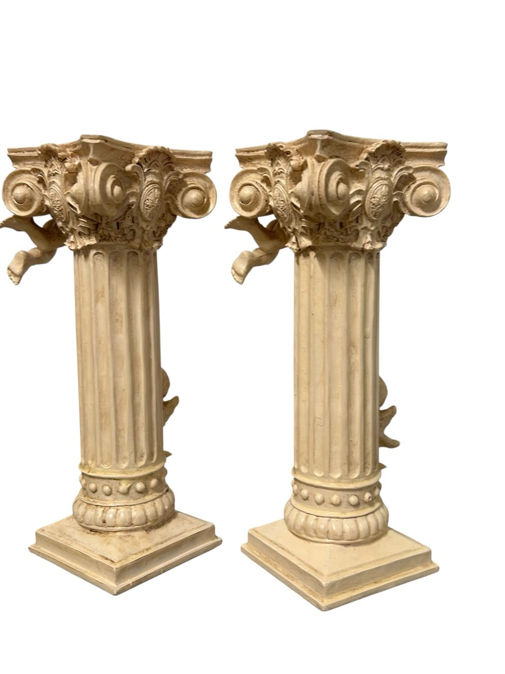 Vintage Resin Cherub Column Pedestal Candle Holders Pair 8.5” Neo Baroque - Picture 5 of 7